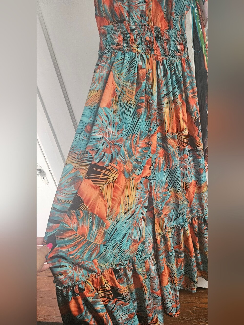 Fashion Nova Tropical Print Maxi Dress in Teal & Orange - Picture 2 of 6
